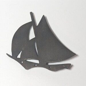 Vintage Dark Metal Sailboat Flat Silhouette 2" Pin Brooch Four Holes Along Ship